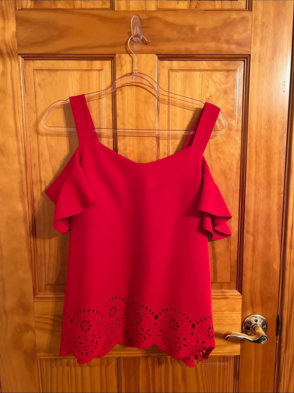 Red Ruffled Cold-Shoulder Top with Laser-Cut Hem